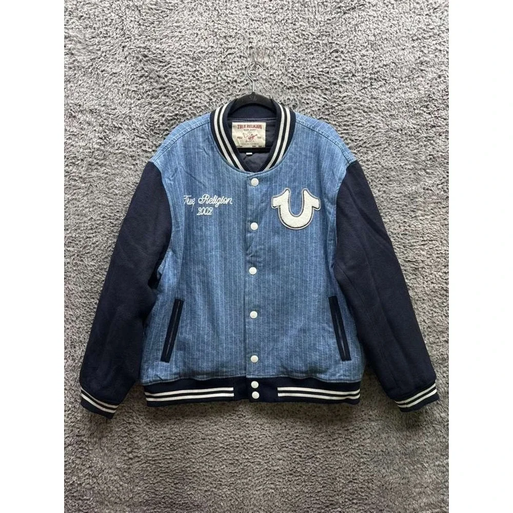 True Religion Jacket Varsity Pinstripe Full Snap Bomber Dress Blue Mens Size XXL